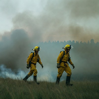 Two firefighters walking in wildfire smoke