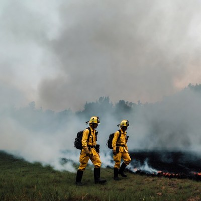 Two firefighters walking in wildfire