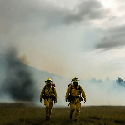 Two firefighters walking in wildfire smoke