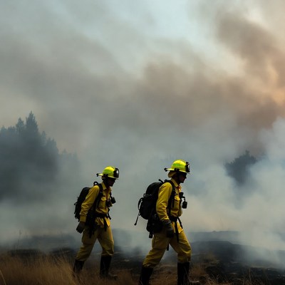 Two Firefighters Walking in Wildfire Smoke
