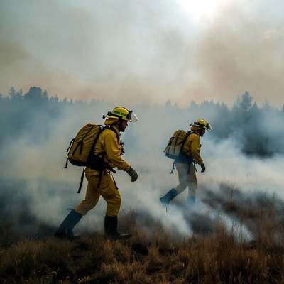 Firefighters walking through wildfire smoke