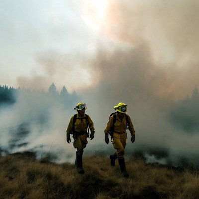 Two Firefighters Walking in Wildfire Smoke
