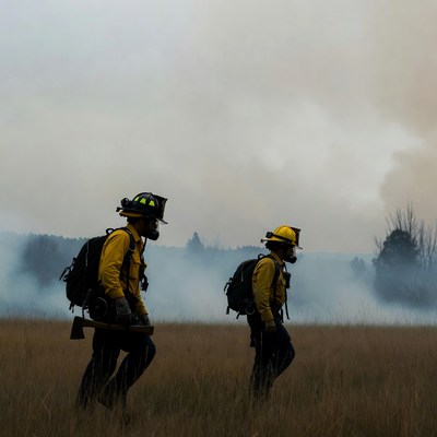 Two firefighters walking in smoky field