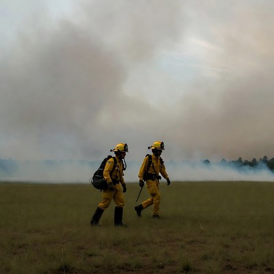 Two firefighters walking in smoky field