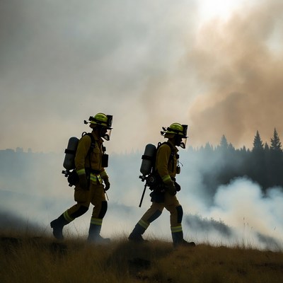 Two firefighters walking in wildfire