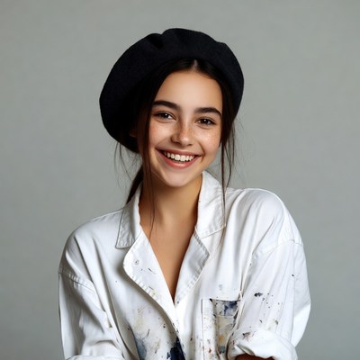 Smiling girl in beret and paint-splattered shirt
