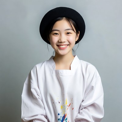 Asian girl in paint-splattered chef uniform