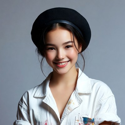 Asian girl smiling in black beret