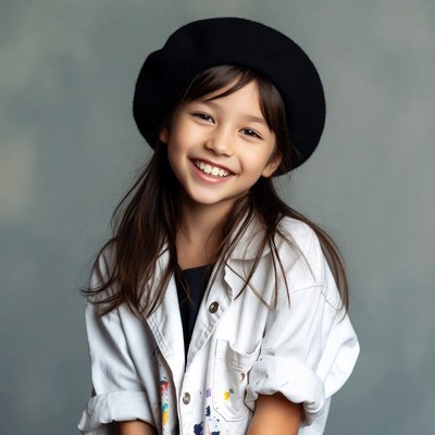 Asian girl smiling in black beret