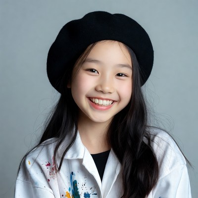 Asian girl smiling in black beret