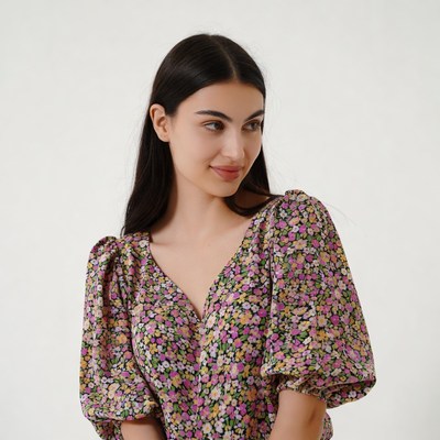 Woman in floral puff sleeve dress