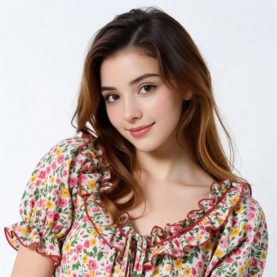 Young woman in floral dress smiling