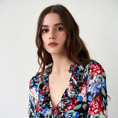 Woman in floral ruffle blouse