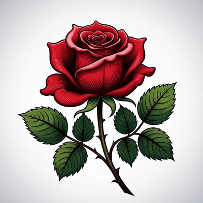 Red Rose Illustration with Leaves