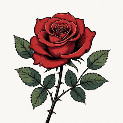 Red Rose with Stem and Leaves