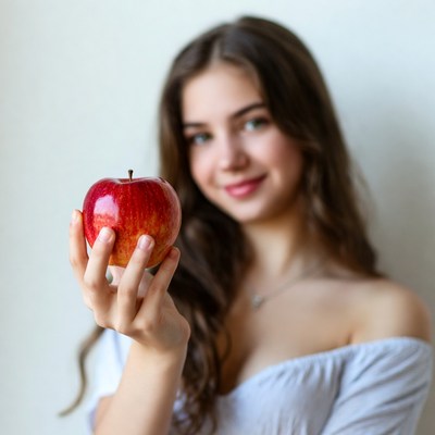 Young woman holding red apple