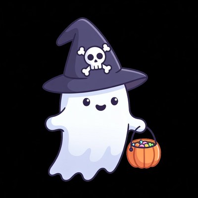 Cute Ghost Holding Halloween Candy Basket