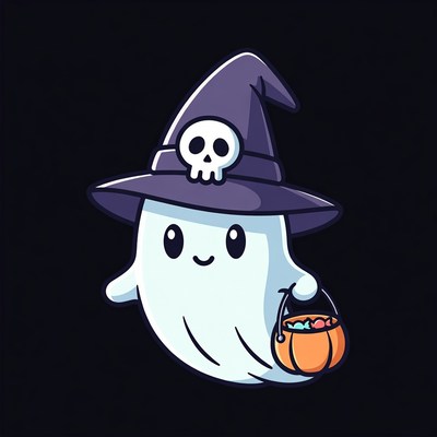 Cute Ghost Wearing Witch Hat
