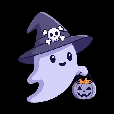 Cute ghost with witch hat and pumpkin