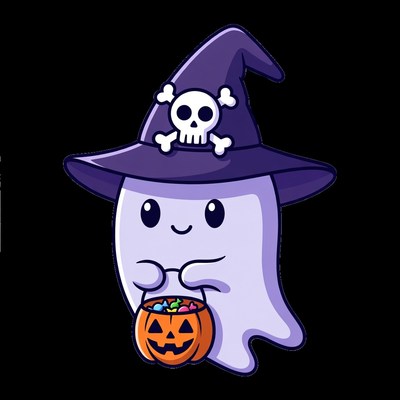 Cute Ghost Holding Halloween Candy Bucket