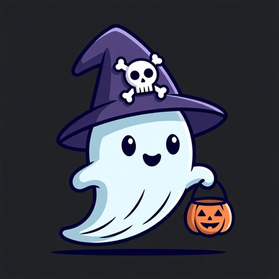Cute Ghost Wearing Witch Hat