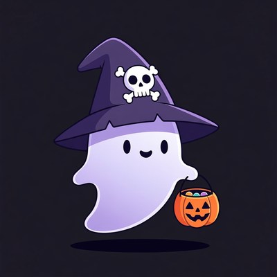 Cute Ghost Wearing Witch Hat with Pumpkin