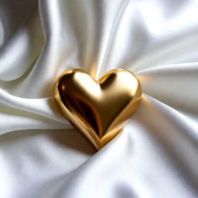 Golden heart on white satin fabric
