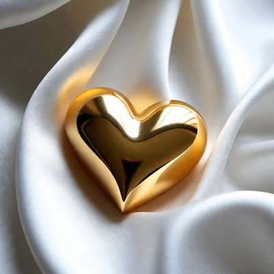 Golden heart on white satin fabric