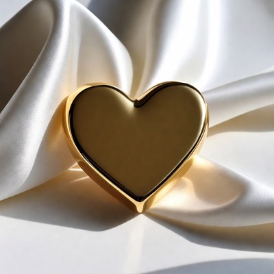 Gold heart on white silk fabric