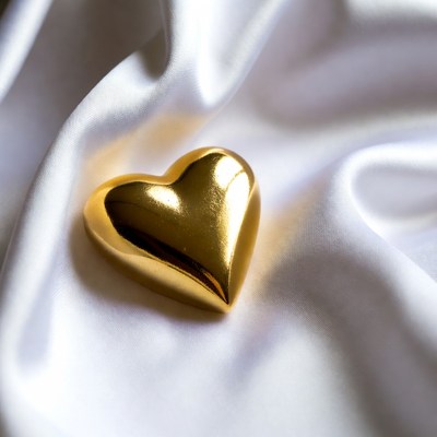 Gold heart on white satin