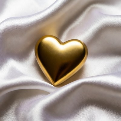 Golden heart on white satin fabric