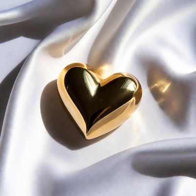 Gold heart on white satin fabric