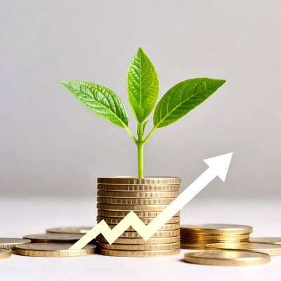 Green Plant Growing from Coin Stack