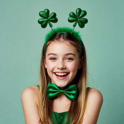 Girl wearing shamrock headband bowtie