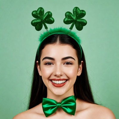 Smiling woman in shamrock headband