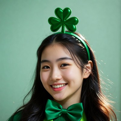 Asian girl wearing shamrock headband