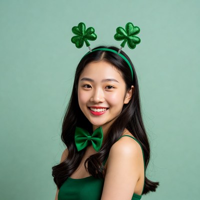 Asian woman wearing shamrock headband