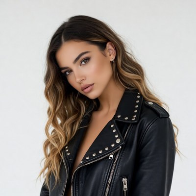 Woman in studded leather jacket