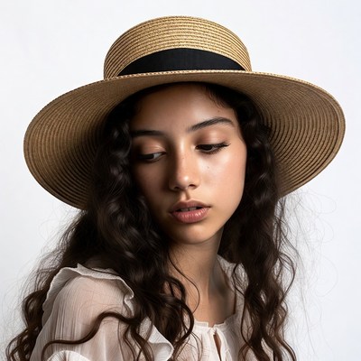 Woman wearing wide-brim straw hat