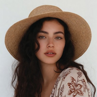 Woman wearing wide-brim straw hat