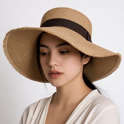 Asian woman wearing wide-brim straw hat