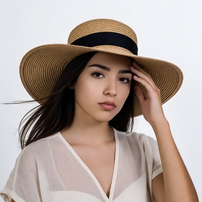 Young woman wearing wide-brim straw hat