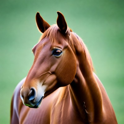 Bay horse head on green background