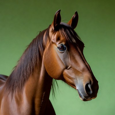Brown horse head on green background