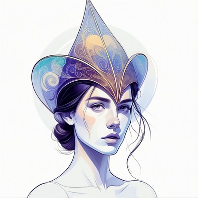 Woman wearing ornate purple hat