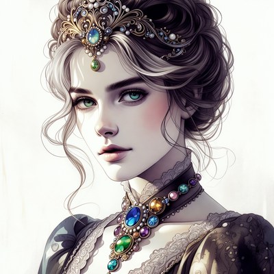 Elegant woman with jeweled crown and necklace