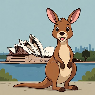 Cartoon Kangaroo in Front of Sydney Opera House