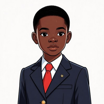 African boy in navy suit and red tie