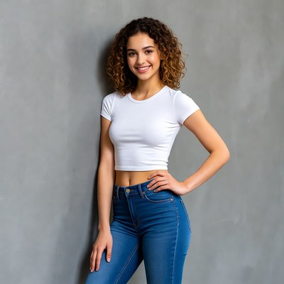 Smiling woman in white crop top jeans