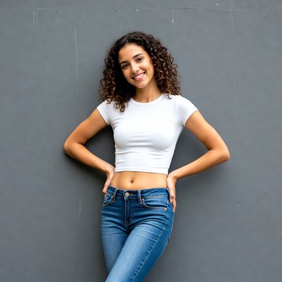 Smiling woman in white crop top jeans